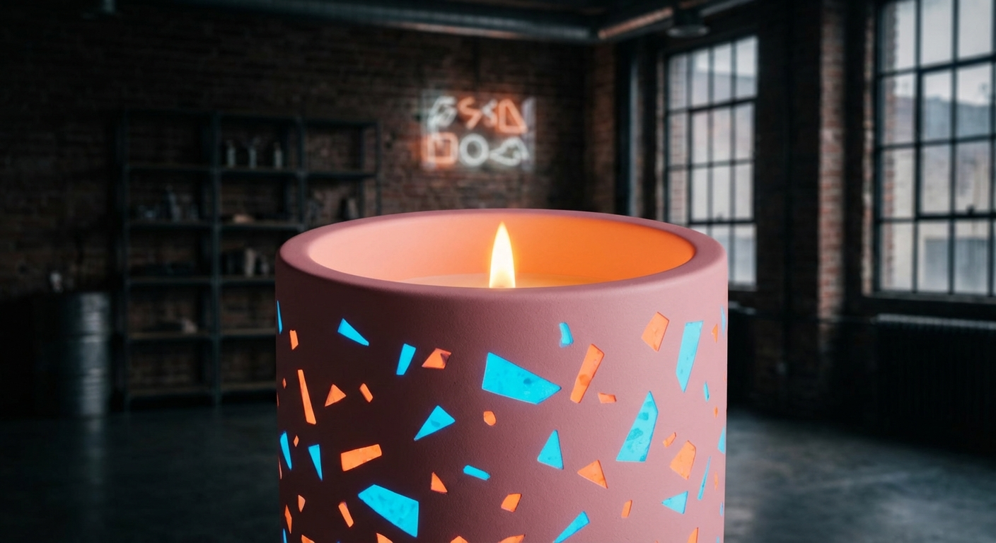 Contemporary luxury candle with bold modern aesthetic and warm glow
