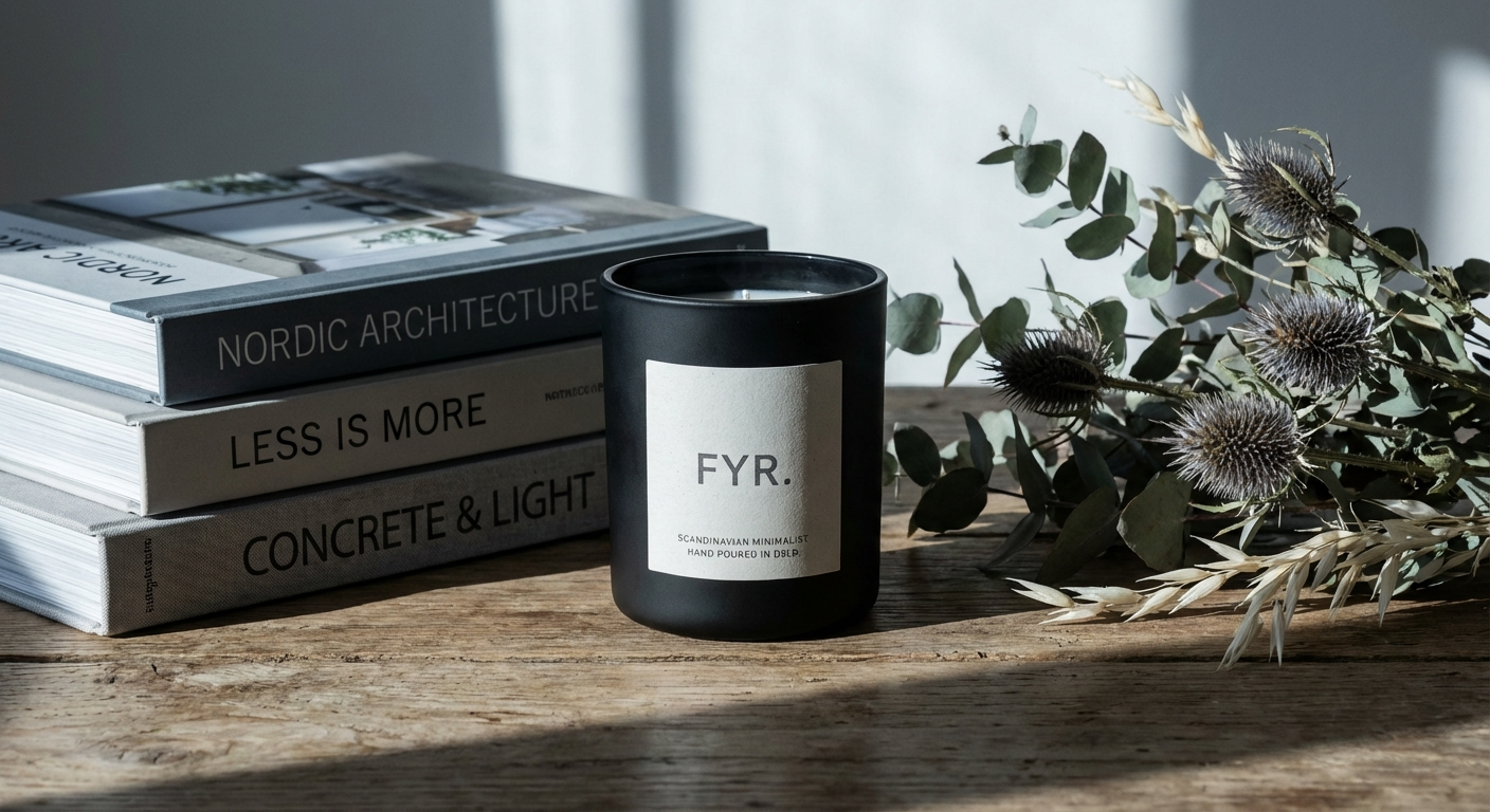 Minimalist Scandinavian luxury candle in matte black glass vessel with clean design