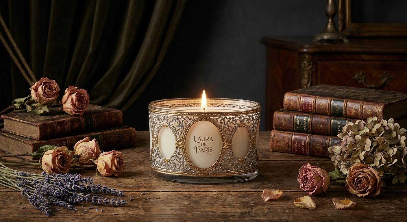 Elegant French luxury candle in decorative glass vessel with Parisian aesthetic