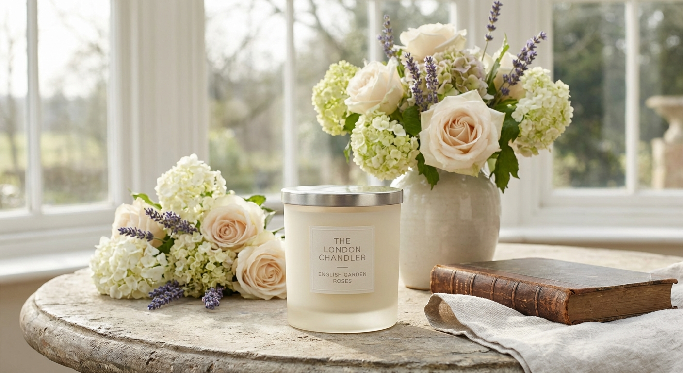 Refined British luxury candle in elegant cream glass with silver lid