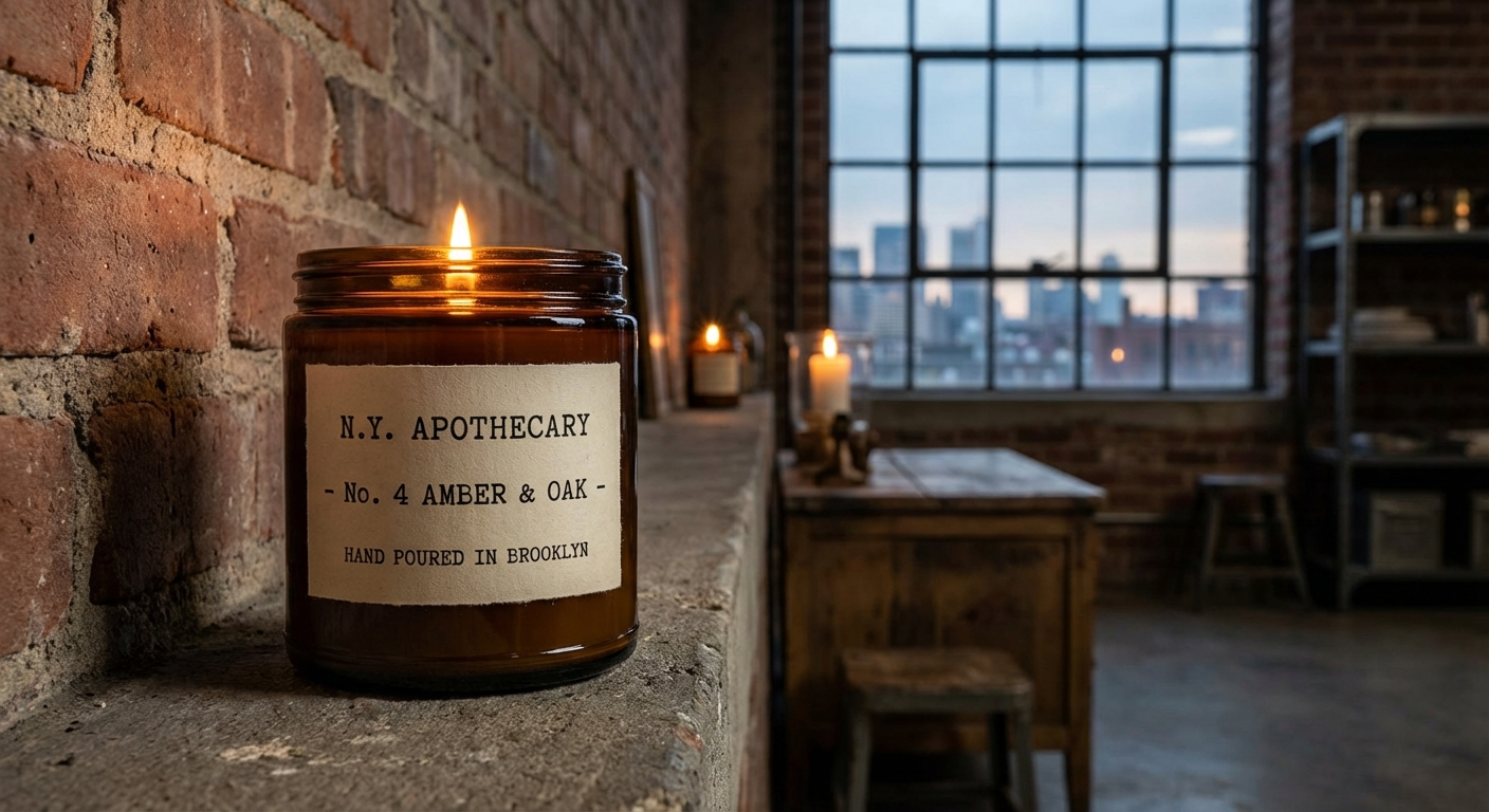 Artisanal candle with apothecary-style label in industrial-chic setting