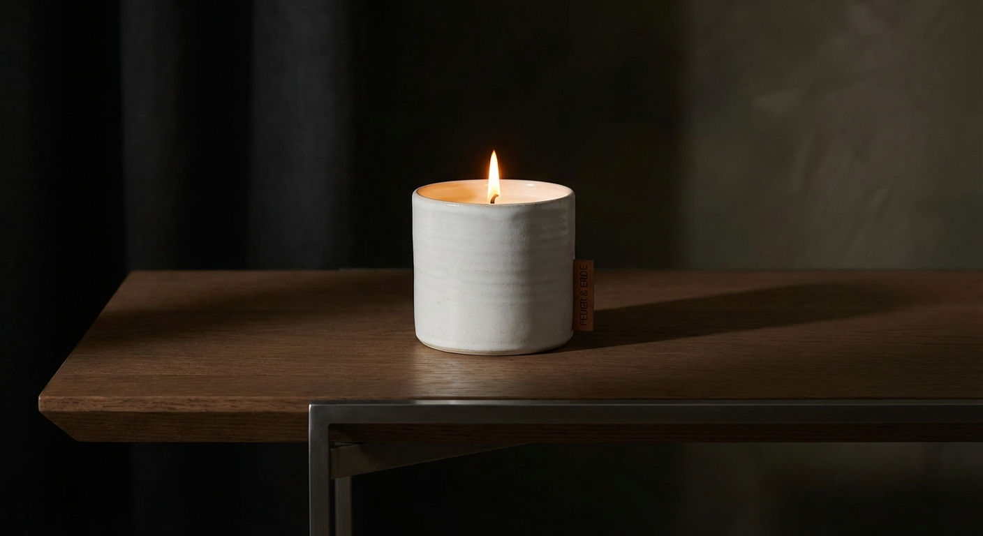 Lumond handcrafted ceramic candle with warm amber glow on minimalist table
