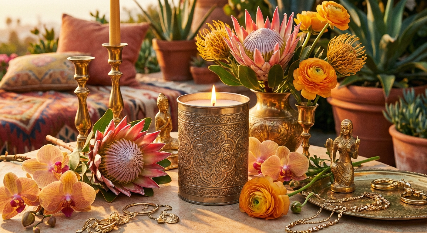 Luxury decorative candle in ornate vessel with California-inspired aesthetic
